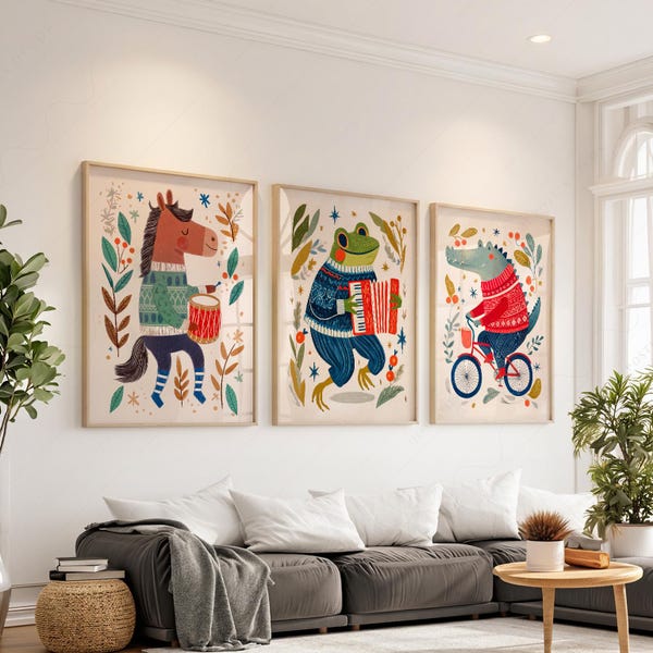 Nursery wall art, Kids Room Decor, Cozy Decor, Frog, Horse, Crocodile, Set of 3 prints 30