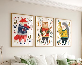 Woodland Animal Musician Print Set of 3 – Whimsical Forest Nursery Wall Art