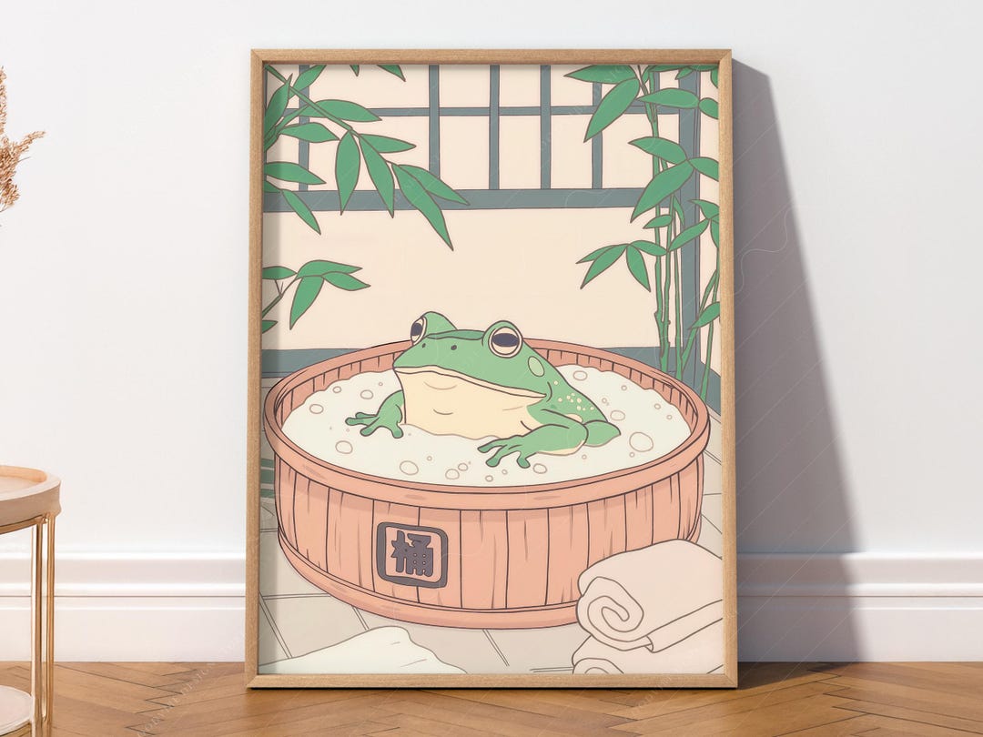 Japanese Bathroom Print, Japandi Wall Art, Frog in a Bathtub Neutral ...