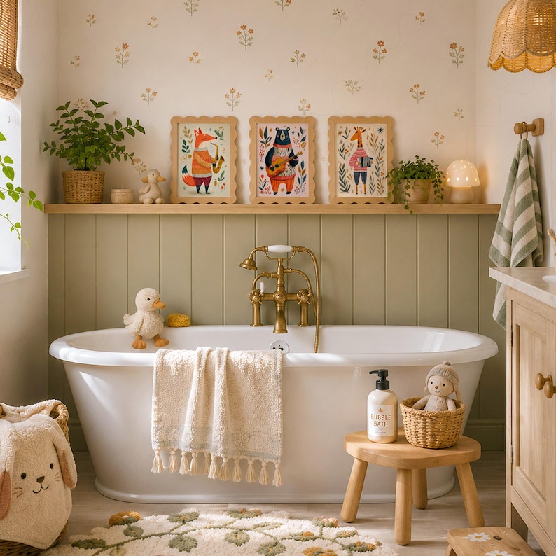 May include: A white freestanding bathtub with brass fixtures, a cream tasseled towel, and a wooden stool holding a bottle of bubble bath. Three framed animal prints sit on a shelf above, alongside potted plants and a small mushroom lamp.