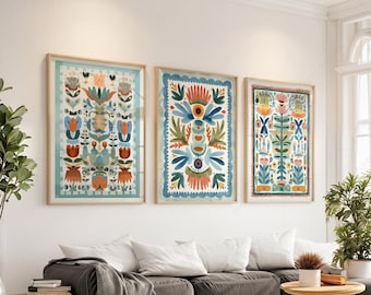 Folk Art Wall Art Set of 3 Scandinavian Floral Prints Colorful Botanical Decor for Living Room 69-2