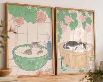 Bathroom Wall Decor, Japanese wall art set of 2 Cat Prints, Cute Cats Poster, Cozy Bathroom and Bedroom Decor, Japandi Style 2