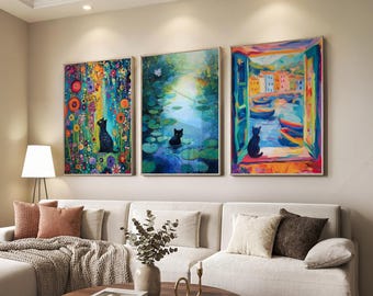 Black Cat Art Prints, Famous Paintings Set of 3, Cat Lover Gift