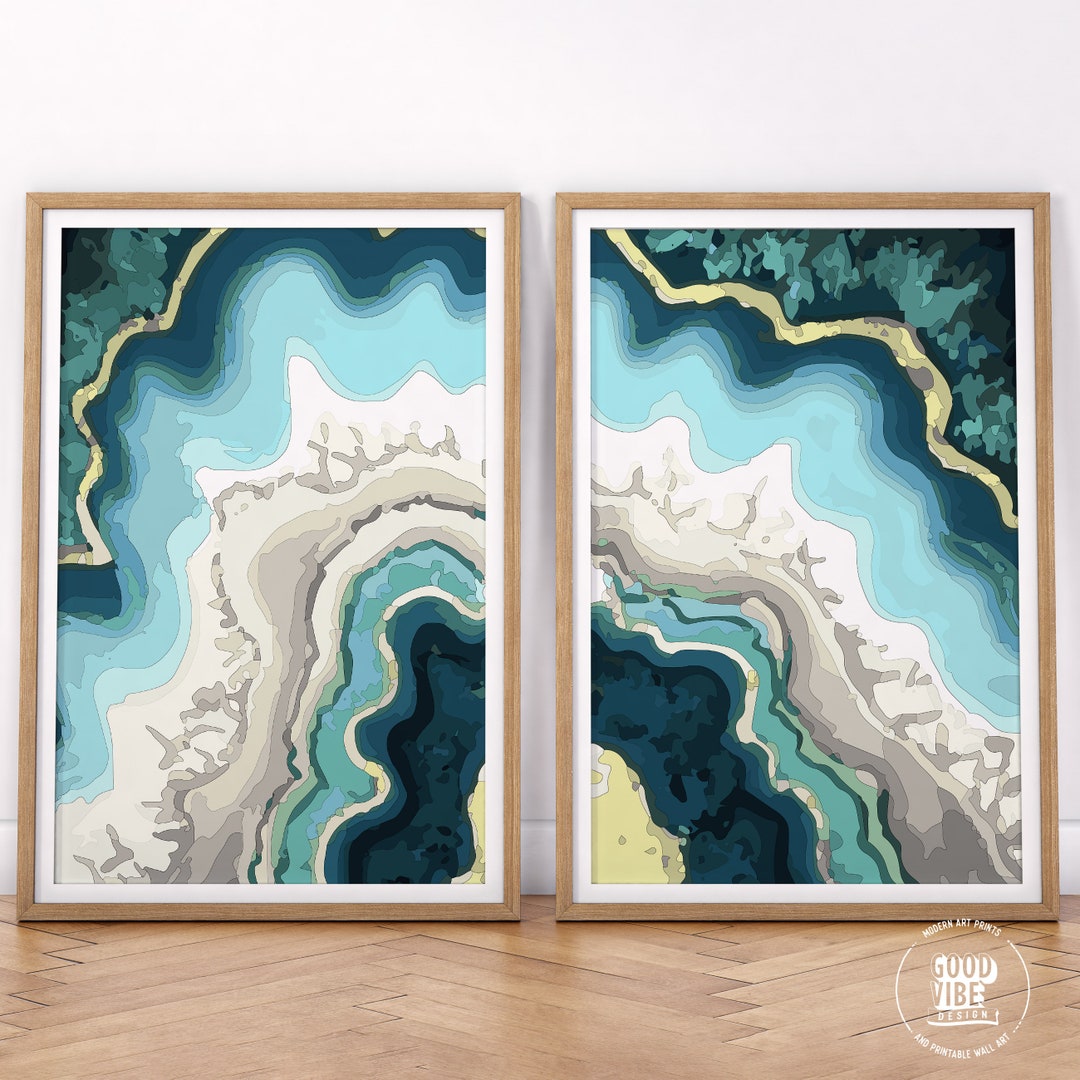 Set of 2 Blue Wall Art Abstract Agate Print Geode Marble Etsy Canada