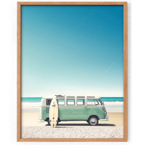 Beach Wall Art, Turquoise Kombi Van Print, Retro Art, Boho Decor, California Beach, Surf Print Coastal, High-Quality Photo