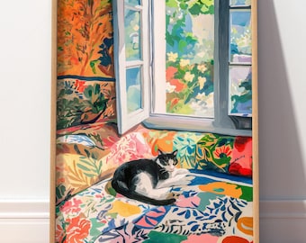 Henri Matisse Inspired Cat Poster, Cat Gift, Colorful Wall Art, Slow living decor, Floral Decor 46