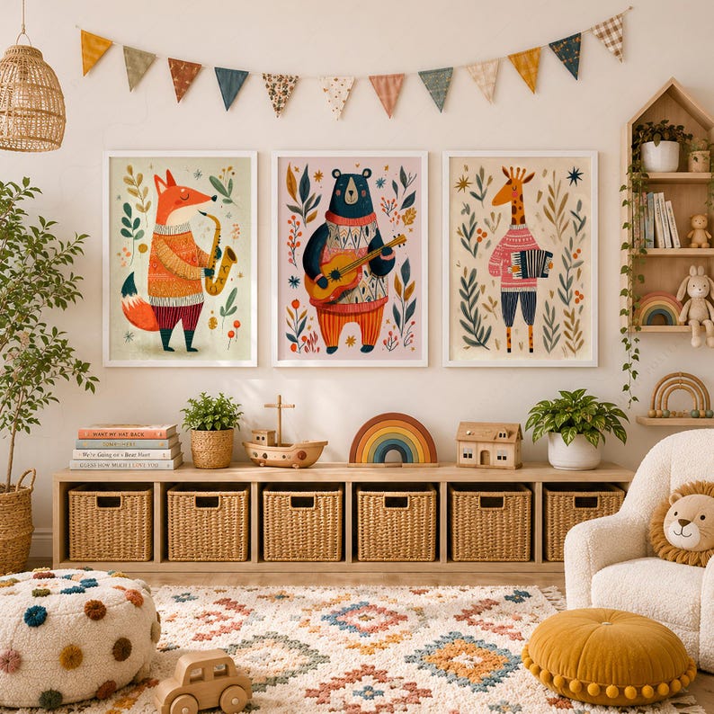 May include: Three framed wall art prints featuring a fox playing a saxophone, a bear playing a guitar, and a giraffe playing an accordion, all surrounded by botanical illustrations. The prints are displayed in a room with a rug and baskets.