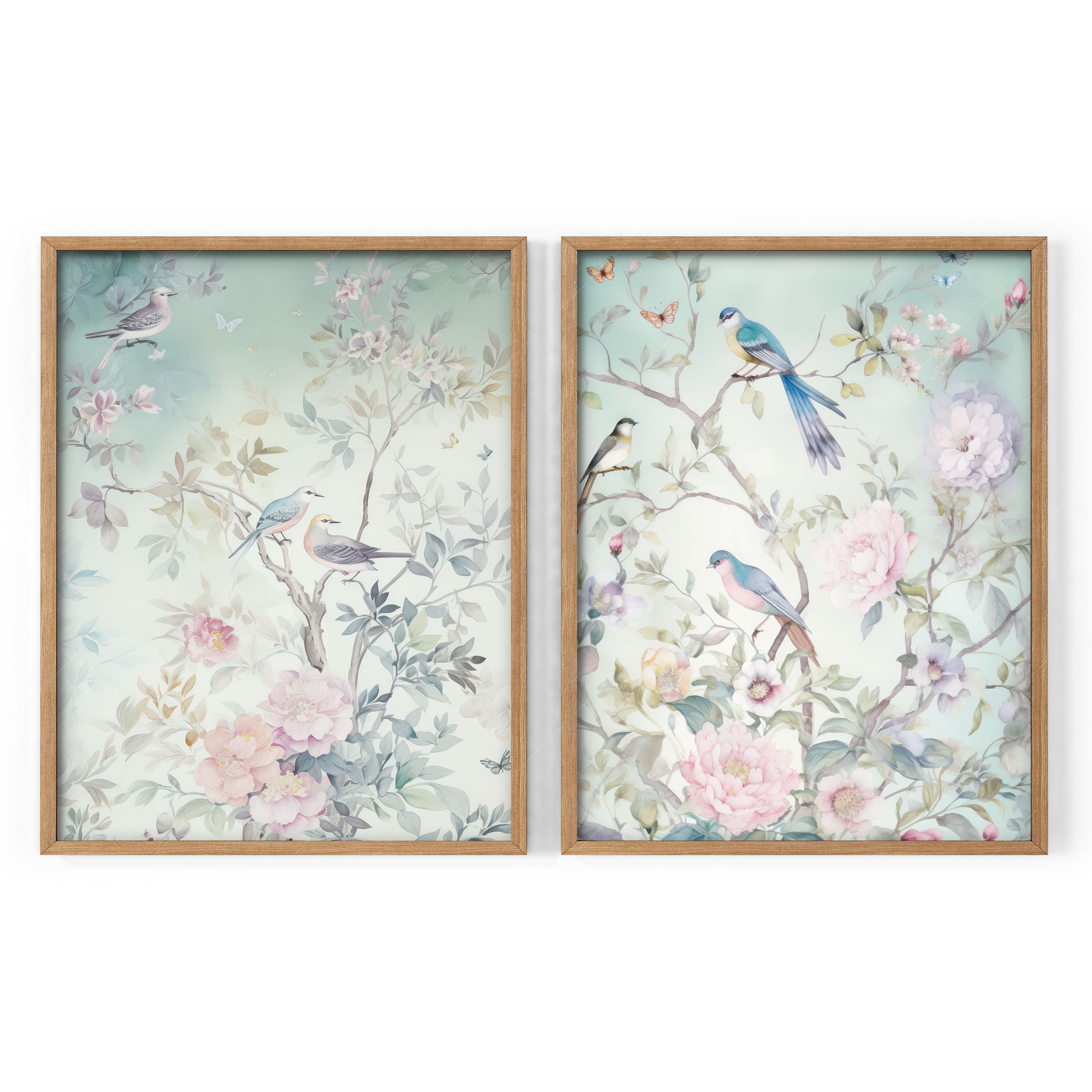 Set of 2 Chinoiserie flower prints Girl's room Delicate floral theme Vintage Chinese art Watercolor painting Soft green blue and pink
