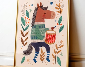 Horse with drum, Musical theme Nursery wall art, Whimsical kids wall decor, Folk Art Kids Animal, Cute Neutral Gender Baby Room Decor