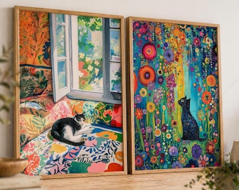 Matisse and Klimt Cat Wall Art Inspired, Set of 2 Floral Prints, Cute Cats Wall Art 5