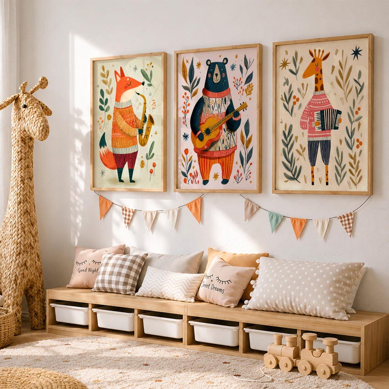May include: Three framed wall art prints featuring a fox playing a saxophone, a bear playing a guitar, and a giraffe playing an accordion, all wearing sweaters. Below the prints hangs a string of colorful triangular fabric bunting flags.
