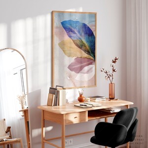 Hojas rosa ruborizado, arte de pared sobre la cama, regalo de boda, impresión de planta azul, póster botánico, hoja tropical, tendencia actual