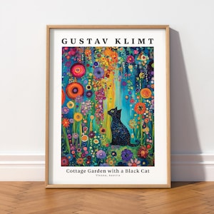 Gustav Klimt Style Black Cat Art Print, Colorful Whimsical Decor