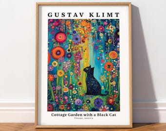 Gustav Klimt Style Black Cat Art Print, Colorful Whimsical Decor