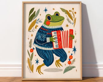 Whimsical Frog Accordion Player Art Print | Toad in Sweater Poster | Folk Art Animal | Nursery Art |  Musician Gift | Cute Kids Room Decor 6