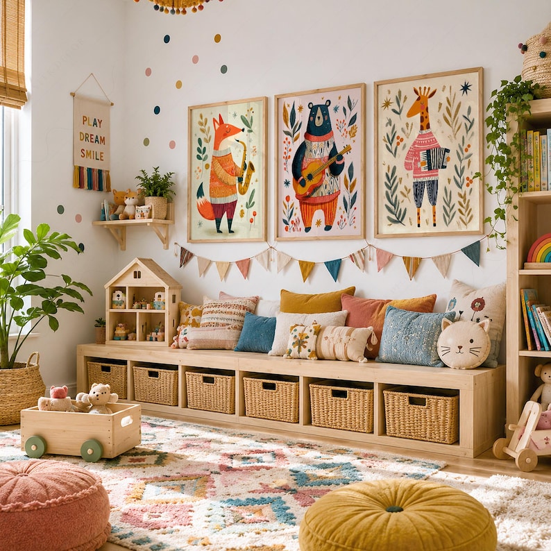 May include: A wooden storage bench with six woven baskets, topped with various throw pillows and a dollhouse. Three framed animal prints hang above, featuring a fox with a saxophone, a bear with a guitar, and a giraffe with an accordion.
