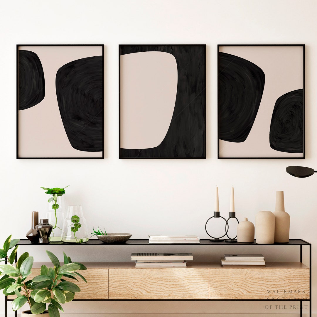Black and Beige Abstract Art Set | Mid Century Modern Wall Decor | Boho ...