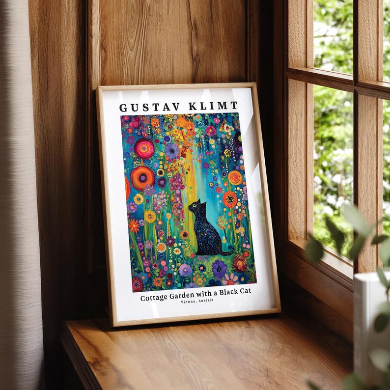 Gustav Klimt Style Black Cat Art Print, Colorful Whimsical Decor immagine 5