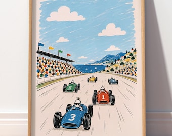 Vintage Rennauto Kinderzimmer Poster, Wandkunst für Jungen, Formel Rennstrecke, Illustration für Kinder, Schlafzimmer Dekor, Motorsport Poster