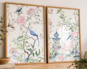 Chinoiserie Wall Art Set of 2 Blue Floral Bird Prints Vintage Botanical Decor French Country Wall Art