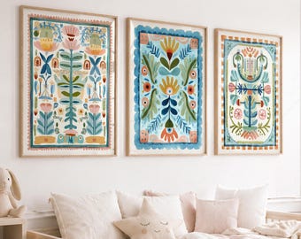 Set of 3 Scandinavian Folk Art Floral Prints, Colorful Botanical Wall Decor 69-1