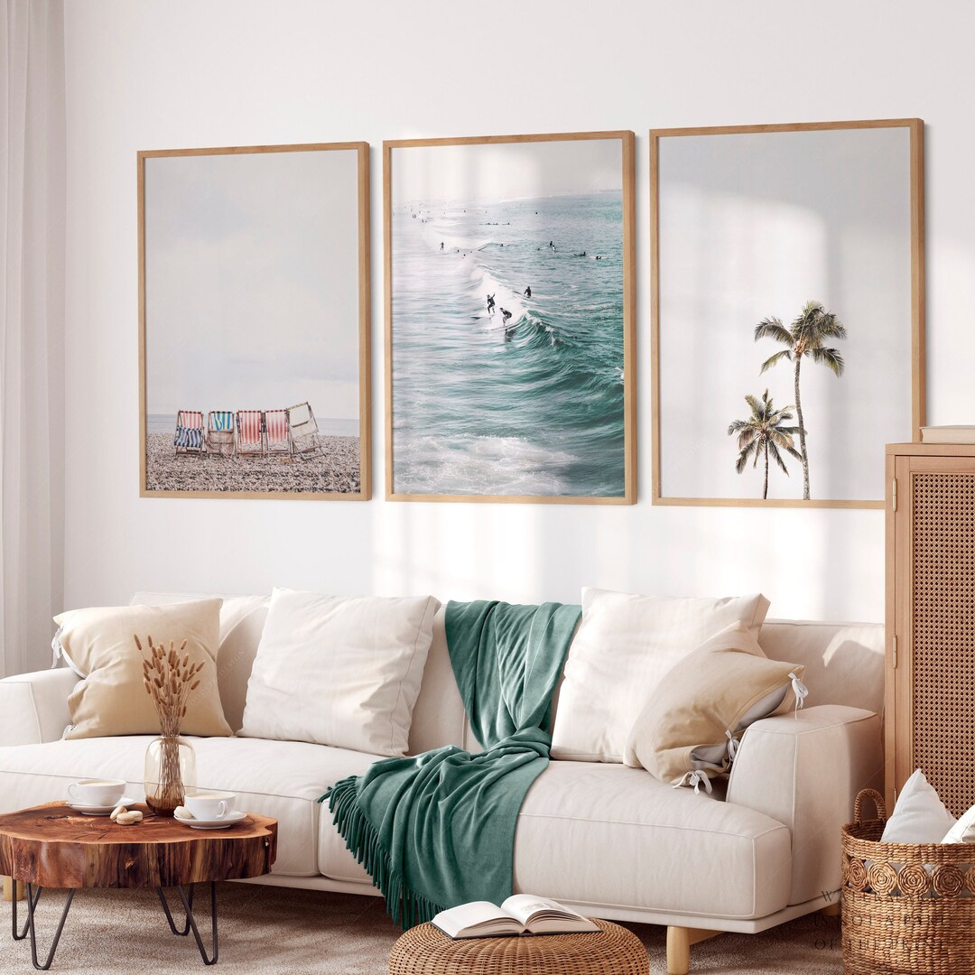 Surf Wave Print Palm Tree Beach Wall Art Set of 3 Etsy Canada