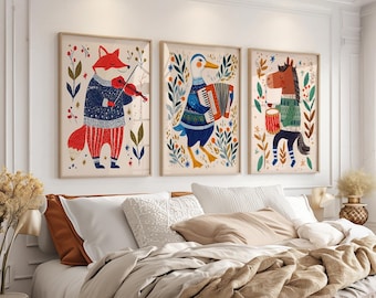 Kids Wall Art Set of 3, Musical Animals Prints, Nursery Decor, Playroom Wall Art 15