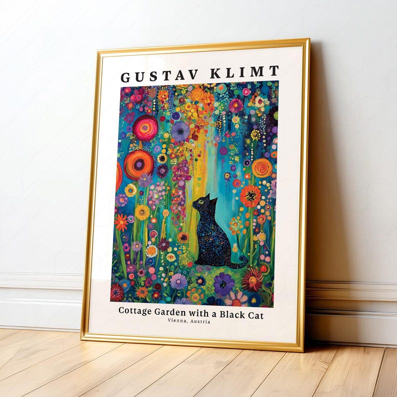 Gustav Klimt Style Black Cat Art Print, Colorful Whimsical Decor immagine 10