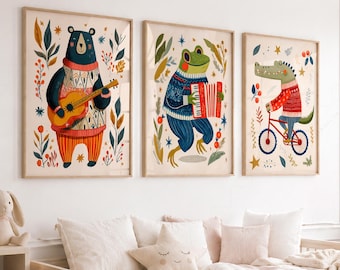 Kinder Wand Kunst 3er Set, Waldtiere Poster, Kinderzimmer Dekoration, süße Tierdrucke, Bär Frosch Krokodil, Spielzimmer Art 9