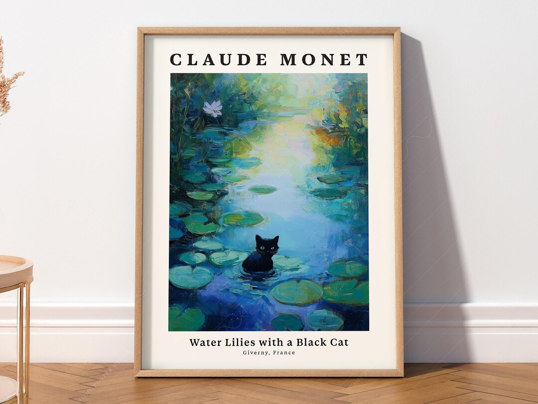 Monet Inspired Black Cat Art Print - Water Lilies Painting - Etsy