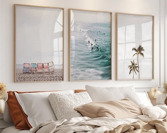 Coastal Wall Art Set of 3, Beach Photography Prints, Ocean Waves Palm Tree Poster, Neutral Aesthetic Bedroom and Living Room Decor 17