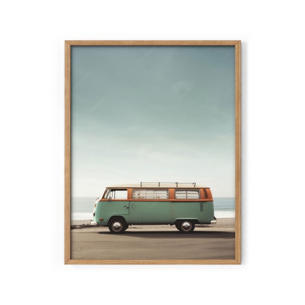 Retro Van Kombi Print, Summer art, Boho Wall Decor, California Beach, Coastal art, Teen boy girl room, Surfer retro print, Green blue tones