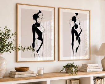 Abstract Female Line Art Prints Set of 2, Minimalist Body Silhouette Wall Art, Modern Figure Poster Set 10-1