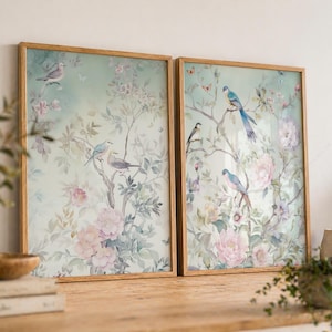 Conjunto de estampados de flores chinoiserie, arte de aves en acuarela vintage