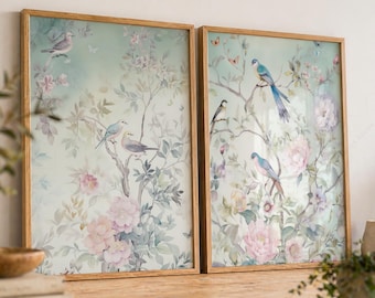 Chinoiserie Flower Prints Set, Vintage Watercolor Bird Art