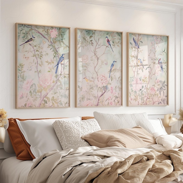 Chinoiserie Wall Art, Set of 3 Bird Floral Prints, Vintage Asian Decor, Pastel Gallery Wall, Coquette Bedroom Art 55
