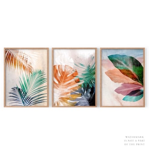 Palm Leaves, Leaf Art, Botanical Print, Set of 3, Neutral Decor, Monstera Poster, Tropical Plant, Boho Bedroom, Orange Tones, Banana Leaves