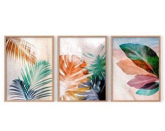 Palm Leaves, Leaf Art, Botanical Print, Set of 3, Neutral Decor, Monstera Poster, Tropical Plant, Boho Bedroom, Orange Tones, Banana Leaves