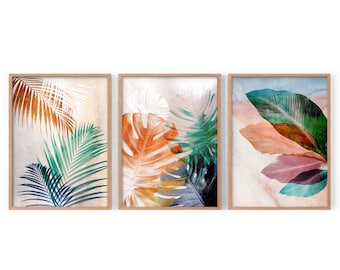 Palm Leaves, Leaf Art, Botanical Print, Set of 3, Neutral Decor, Monstera Poster, Tropical Plant, Boho Bedroom, Orange Tones, Banana Leaves