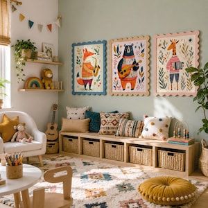 May include: Three rectangular wall art prints with scalloped edges featuring a fox playing a saxophone, a bear playing a guitar, and a giraffe playing an accordion, all surrounded by botanical illustrations in a nursery with storage cubbies.