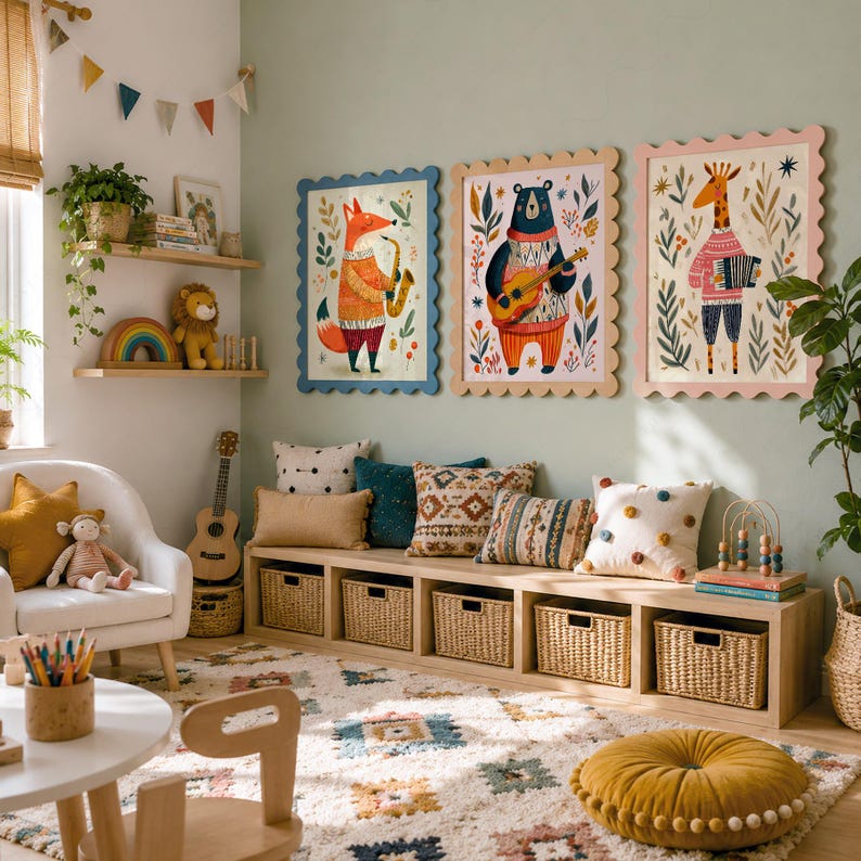 May include: Three rectangular wall art prints with scalloped edges featuring a fox playing a saxophone, a bear playing a guitar, and a giraffe playing an accordion, all surrounded by botanical illustrations in a nursery with storage cubbies.