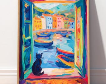May include: A framed oil painting print featuring a view through an open doorway of a harbor with colorful boats and buildings. A black cat sits in the foreground looking out at the water. The scene uses vibrant, thick brushstrokes in blue, orange, and yellow tones.