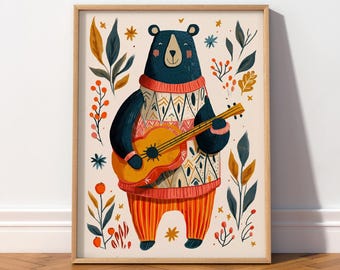 Whimsical Bear Art Print, Cute Animal in Sweater Poster, Folk Nursery Wall Decor, Woodland Musician Illustration 7