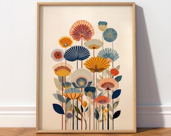 Mid Century Modern Floral Poster, Colorful Botanical Wall Art, Retro Flower Print, Warm Tone Wall Art 16