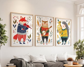 Woodland Animal Musician Print Set of 3 – Whimsical Forest Nursery Wall Art 11