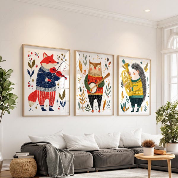 Set van 3 bosdierenmuzikant-muzikant – grillige bos kinderkamer muurkunst 11