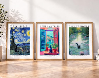 May include: Three framed art prints in wooden frames. The left print shows a starry night scene with a black cat. The middle print depicts an open window overlooking a bay with a black cat. The right print shows water lilies with a black cat.