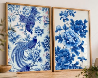 Set of 2 Blue Chinoiserie Prints, Peony Floral Wall Art, Bird Botanical Posters, Blue and White Asian Decor, Vintage Style Gallery Set 7