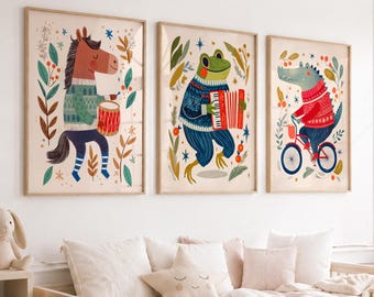 Nursery wall art, Kids Room Decor, Cozy Decor, Frog, Horse, Crocodile, Set of 3 prints 30