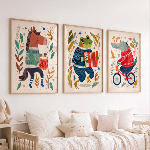 Nursery wall art, Kids Room Decor, Cozy Decor, Frog, Horse, Crocodile, Set of 3 prints 30